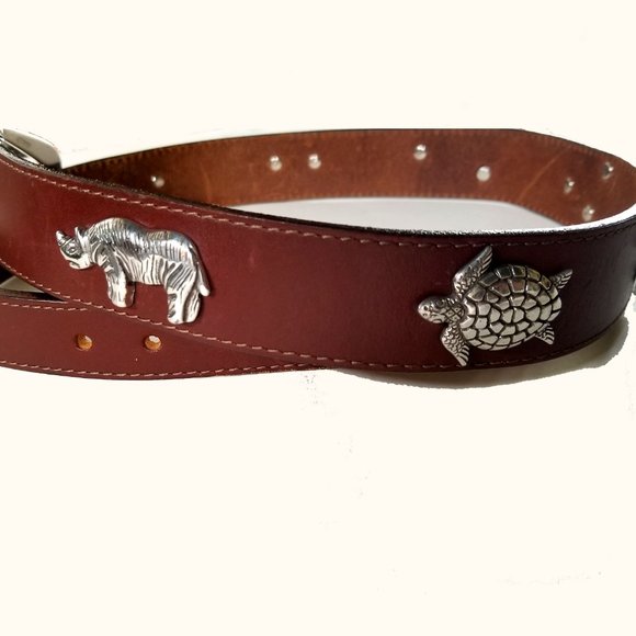 WOMEN LEATHER BELT BRASS BUCKLE, 8 BRASS ANIMALS